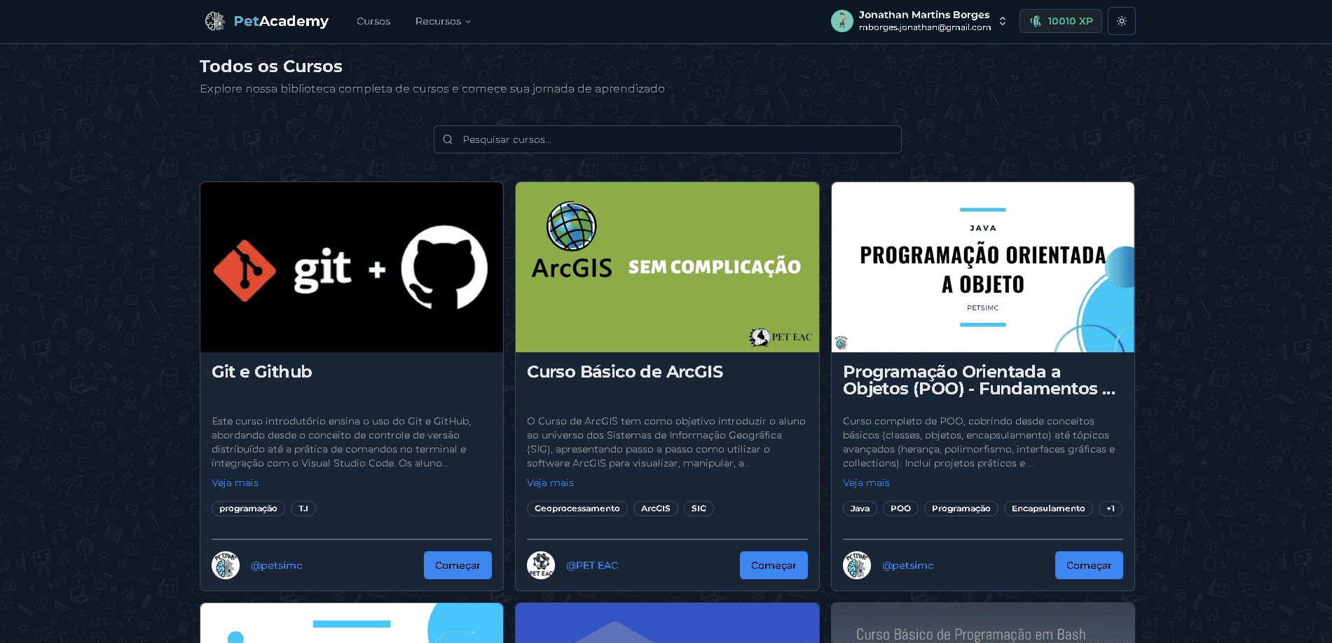 Home Page onde exibe os cursos da plataforma.
