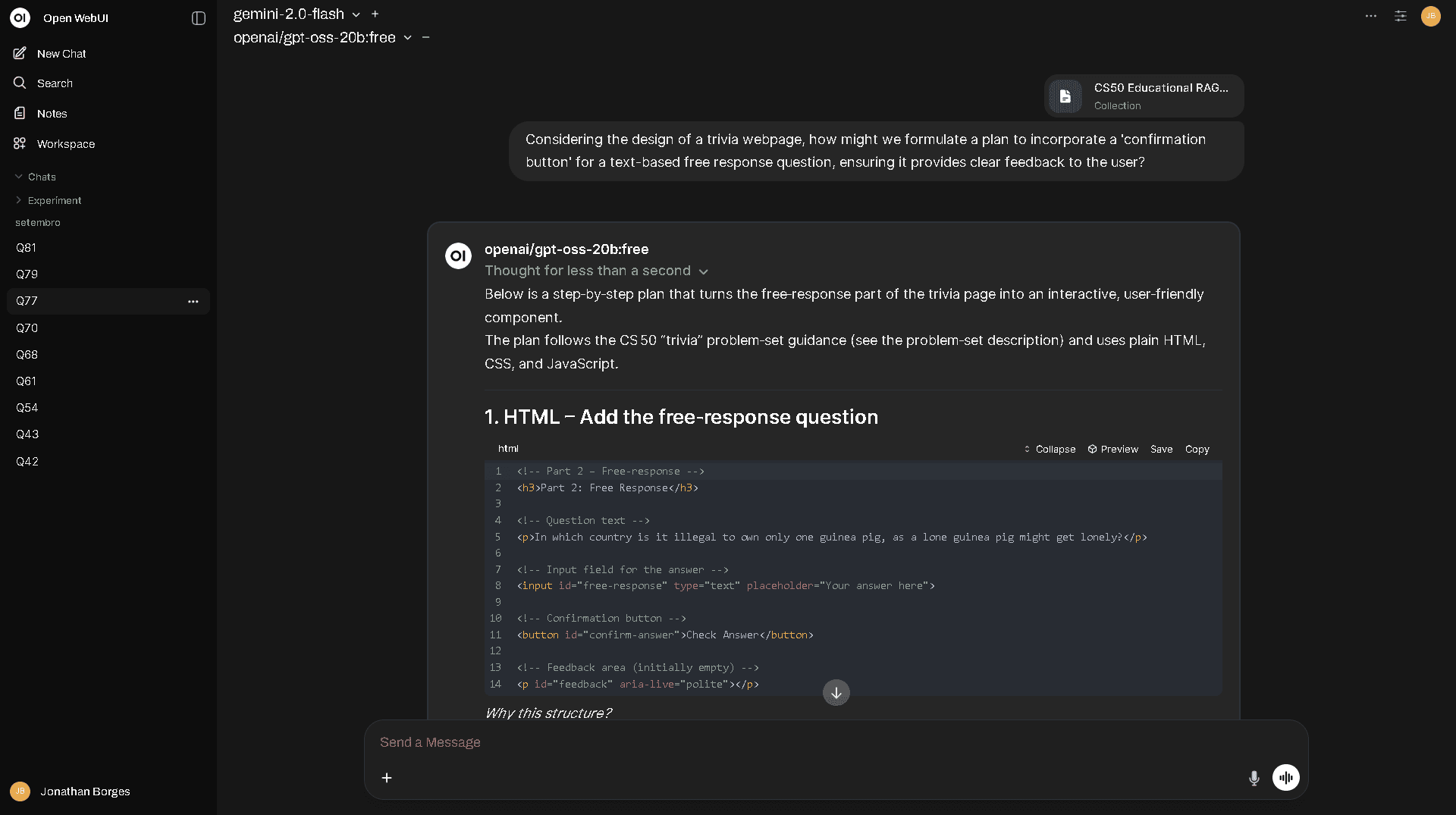 Interface do ScholarRAG integrada ao OpenWebUI, demonstrando a interação direta com o material didático.